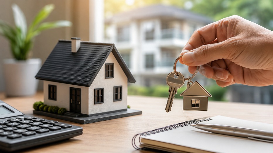 A miniature house and house-shaped keys on a desk, with a calculator and notebook representing property ownership, mortgage costs and renting out a first home.